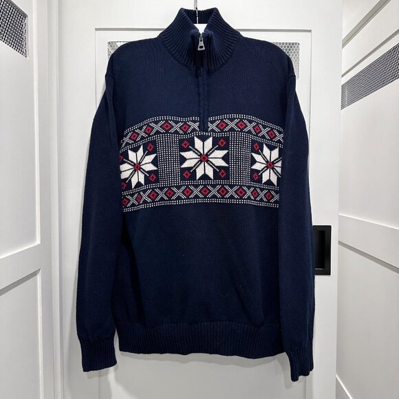 2000's Navy Blue Red White Snowflake Sweater Zipper 100% Cotton Natural Fibers - Picture 1 of 8